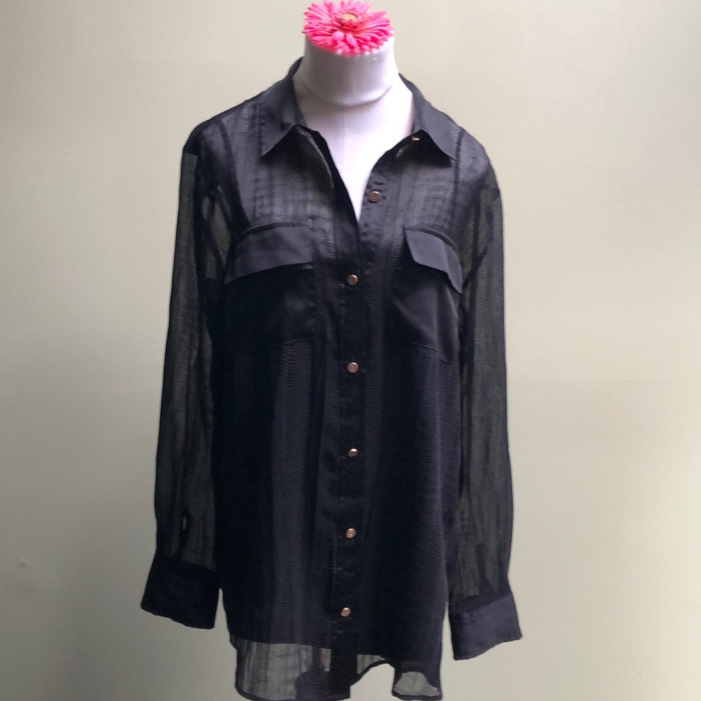 DKNY black sheer blouse with attached cami.